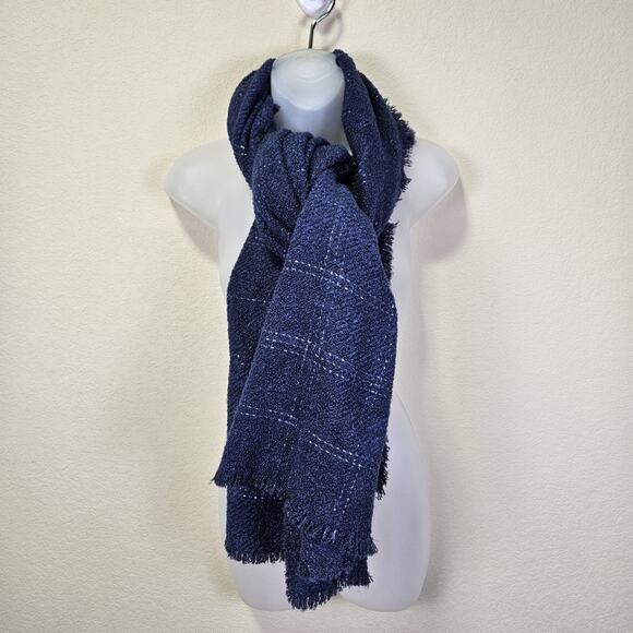 Talbots Metallic Windowpane Wrap Womens Large Scarf Sapphire Blue Fringe Silver - Picture 1 of 13